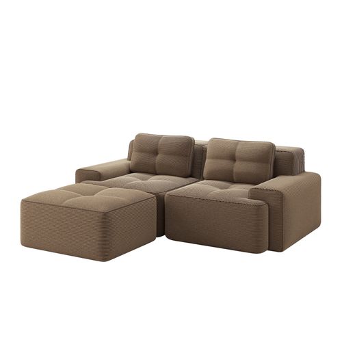 Canapé D’angle Modulable En Velours Côtelé Marron Avec Pouf