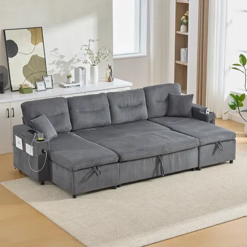 Canapé D'angle Convertible 4 Places En Velours Côtelé Avec 2 Méridiennes, Rangements Et USB-c, Gris