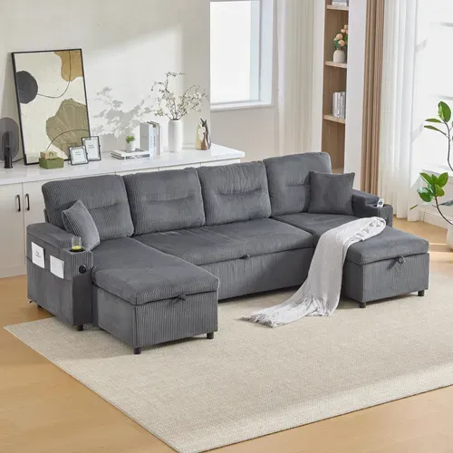 Canapé D'angle Convertible 4 Places En Velours Côtelé Avec 2 Méridiennes, Rangements Et USB-c, Gris