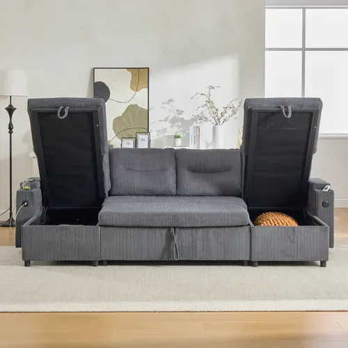 Canapé D'angle Convertible 4 Places En Velours Côtelé Avec 2 Méridiennes, Rangements Et USB-c, Gris