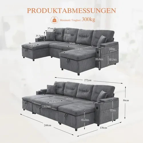 Canapé D'angle Convertible 4 Places En Velours Côtelé Avec 2 Méridiennes, Rangements Et USB-c, Gris