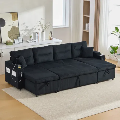Canapé D'angle Convertible 4 Places En Velours Côtelé Avec Rangements Et USB, Noir