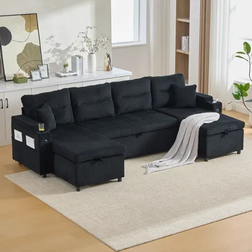 Canapé D'angle Convertible 4 Places En Velours Côtelé Avec Rangements Et USB, Noir