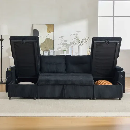 Canapé D'angle Convertible 4 Places En Velours Côtelé Avec Rangements Et USB, Noir