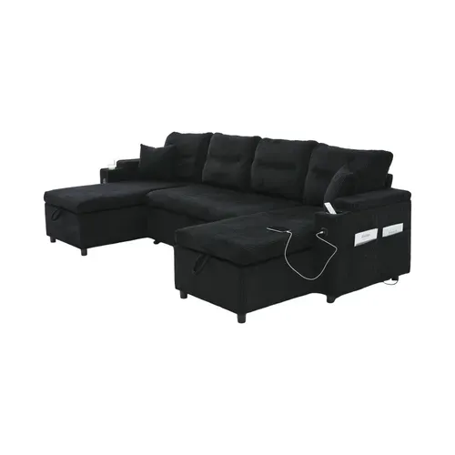 Canapé D'angle Convertible 4 Places En Velours Côtelé Avec Rangements Et USB, Noir