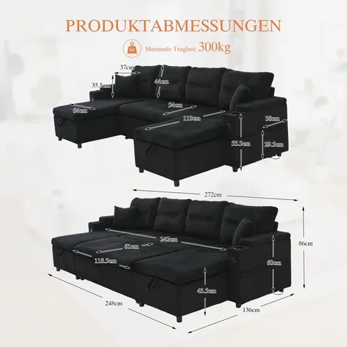 Canapé D'angle Convertible 4 Places En Velours Côtelé Avec Rangements Et USB, Noir
