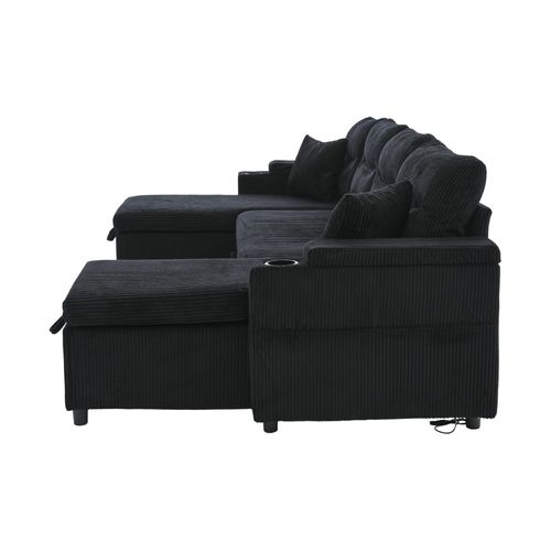 Canapé D'angle Convertible 4 Places En Velours Côtelé Avec Rangements Et USB, Noir