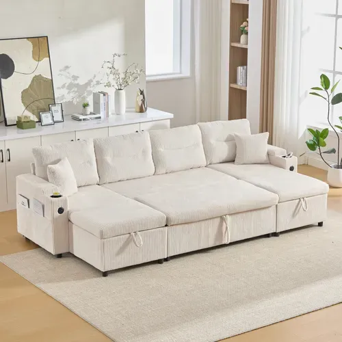 Canapé D’angle Convertible 4 Places En Velours Côtelé Avec Rangements, Porte-gobelets Et USB, Beige