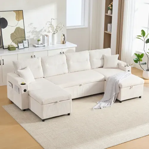 Canapé D’angle Convertible 4 Places En Velours Côtelé Avec Rangements, Porte-gobelets Et USB, Beige