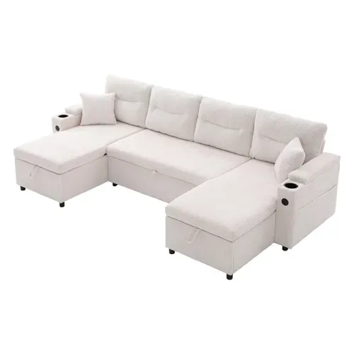 Canapé D’angle Convertible 4 Places En Velours Côtelé Avec Rangements, Porte-gobelets Et USB, Beige