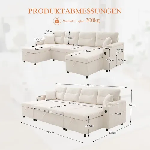 Canapé D’angle Convertible 4 Places En Velours Côtelé Avec Rangements, Porte-gobelets Et USB, Beige