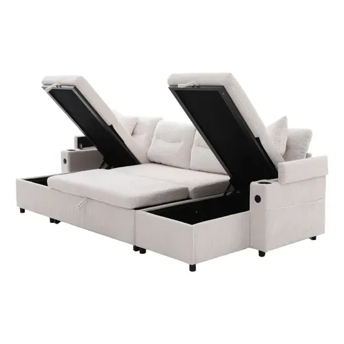 Canapé D’angle Convertible 4 Places En Velours Côtelé Avec Rangements, Porte-gobelets Et USB, Beige