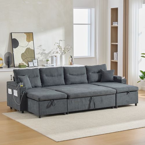 Canapé D’angle Convertible 4 Places Tissu Avec 2 Méridienne, Rangements Et USB, Gris Foncé