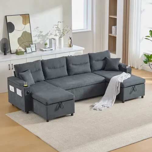 Canapé D’angle Convertible 4 Places Tissu Avec 2 Méridienne, Rangements Et USB, Gris Foncé