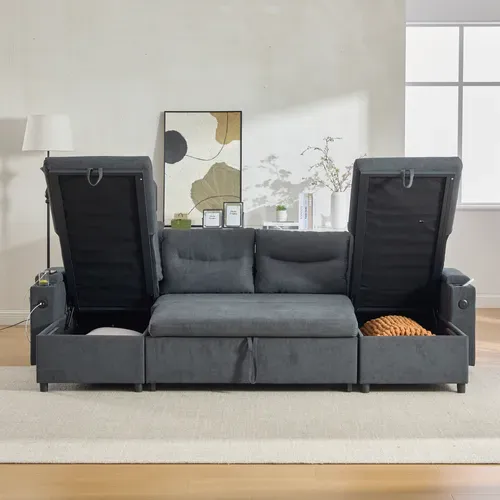 Canapé D’angle Convertible 4 Places Tissu Avec 2 Méridienne, Rangements Et USB, Gris Foncé
