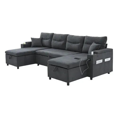 Canapé D’angle Convertible 4 Places Tissu Avec 2 Méridienne, Rangements Et USB, Gris Foncé