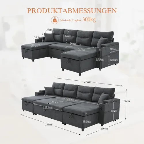 Canapé D’angle Convertible 4 Places Tissu Avec 2 Méridienne, Rangements Et USB, Gris Foncé