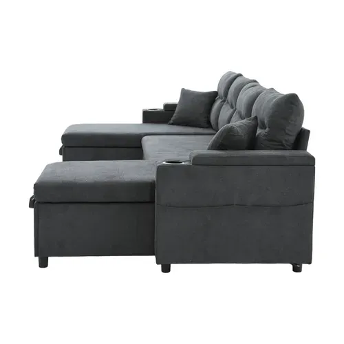 Canapé D’angle Convertible 4 Places Tissu Avec 2 Méridienne, Rangements Et USB, Gris Foncé