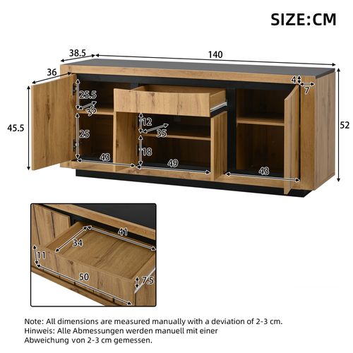 Buffet De Salon 140 X 38,5 X 52 Cm Avec 4 Portes, 1 Tiroir, Noir Et Bois