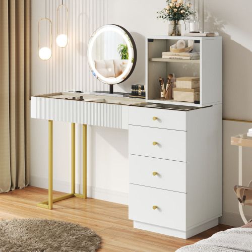 Coiffeuse Avec Miroir LED, 5 Tiroirs Et 1 Placard, Verre Trempé, Blanc, 120 X 40 X 120 Cm