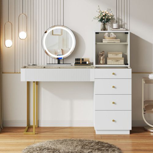 Coiffeuse Avec Miroir LED, 5 Tiroirs Et 1 Placard, Verre Trempé, Blanc, 120 X 40 X 120 Cm
