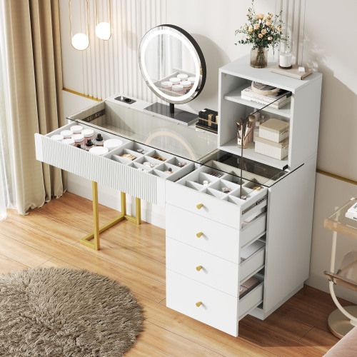 Coiffeuse Avec Miroir LED, 5 Tiroirs Et 1 Placard, Verre Trempé, Blanc, 120 X 40 X 120 Cm