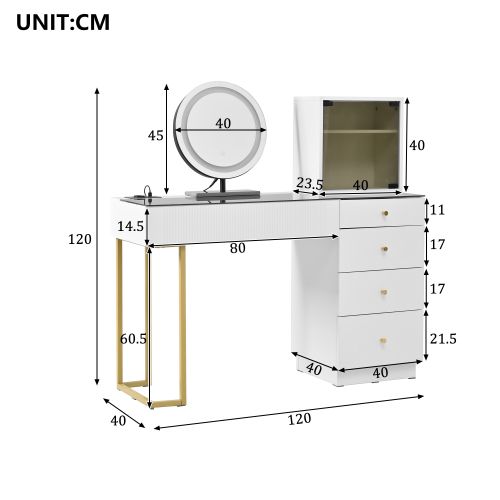 Coiffeuse Avec Miroir LED, 5 Tiroirs Et 1 Placard, Verre Trempé, Blanc, 120 X 40 X 120 Cm