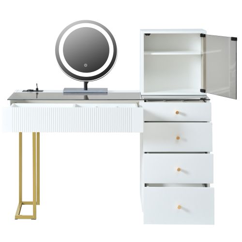 Coiffeuse Avec Miroir LED, 5 Tiroirs Et 1 Placard, Verre Trempé, Blanc, 120 X 40 X 120 Cm