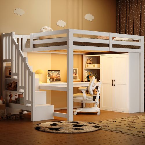 Lit Mezzanine 140x200 Cm Avec Bureau, Rangement Et LED, En Mdf Et Bois, Blanc