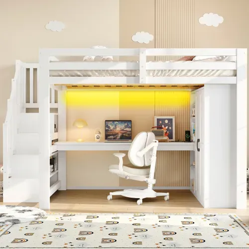 Lit Mezzanine 140x200 Cm Avec Bureau, Rangement Et LED, En Mdf Et Bois, Blanc