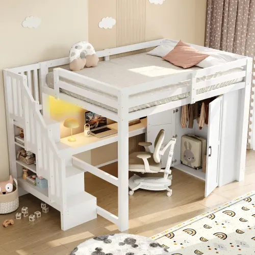 Lit Mezzanine 140x200 Cm Avec Bureau, Rangement Et LED, En Mdf Et Bois, Blanc