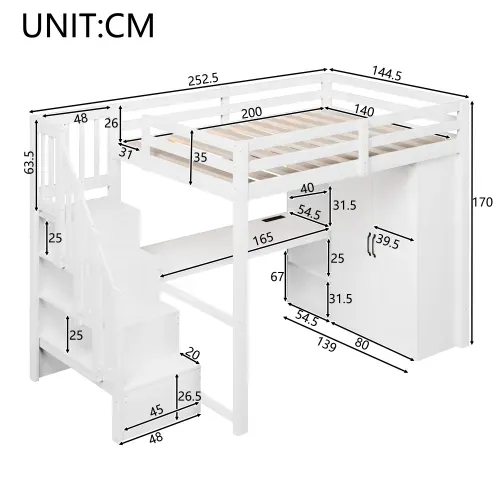 Lit Mezzanine 140x200 Cm Avec Bureau, Rangement Et LED, En Mdf Et Bois, Blanc