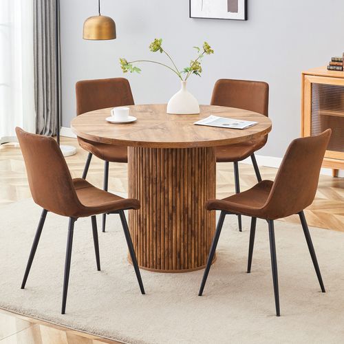 Ensemble Table Et Chaises, Table à Manger 100 Cm Avec Pieds En Mdf Et 4 Chaises Tissu Marron