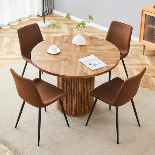 Ensemble Table Et Chaises, Table à Manger 100 Cm Avec Pieds En Mdf Et 4 Chaises Tissu Marron