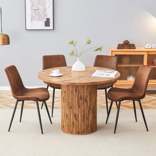Ensemble Table Et Chaises, Table à Manger 100 Cm Avec Pieds En Mdf Et 4 Chaises Tissu Marron