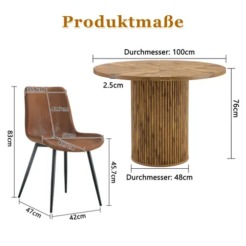 Ensemble Table Et Chaises, Table à Manger 100 Cm Avec Pieds En Mdf Et 4 Chaises Tissu Marron