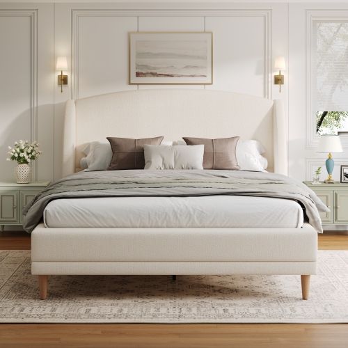 Lit Adulte 140x190 Cm, Avec Tête De Lit à Oreilles Et Sommier à Lattes, En Tissu Bouclé, Blanc