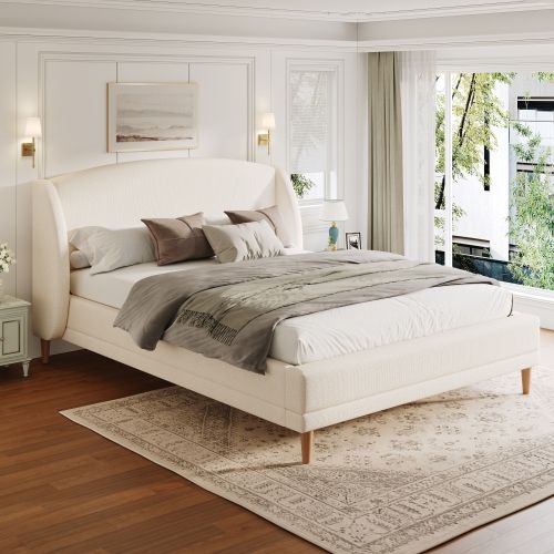 Lit Adulte 140x190 Cm, Avec Tête De Lit à Oreilles Et Sommier à Lattes, En Tissu Bouclé, Blanc