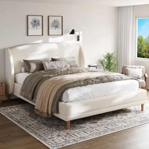 Lit Adulte 140x190 Cm, Avec Tête De Lit à Oreilles Et Sommier à Lattes, En Tissu Bouclé, Blanc