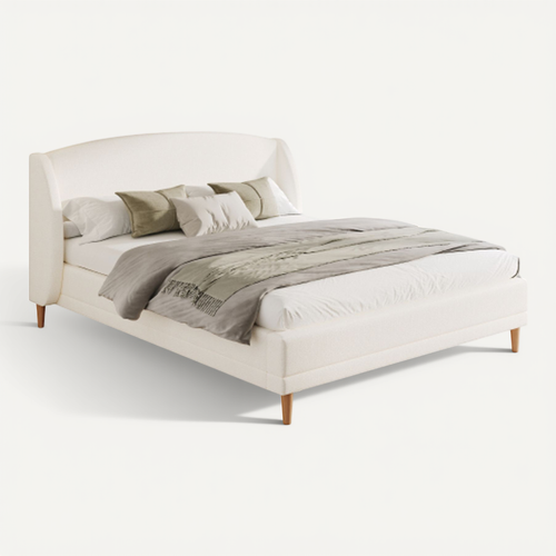 Lit Adulte 140x190 Cm, Avec Tête De Lit à Oreilles Et Sommier à Lattes, En Tissu Bouclé, Blanc