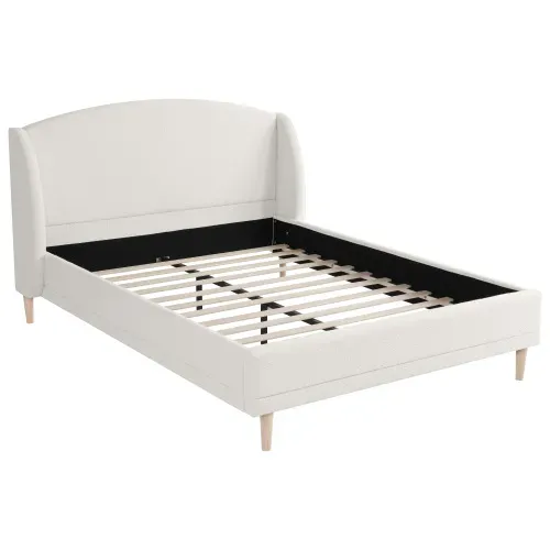 Lit Adulte 140x190 Cm, Avec Tête De Lit à Oreilles Et Sommier à Lattes, En Tissu Bouclé, Blanc