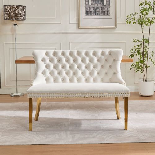 Banquette 2 Places En Velours Capitonné, Pieds Acier Inoxydable Doré, Beige