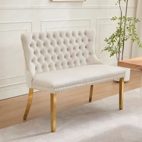 Banquette 2 Places En Velours Capitonné, Pieds Acier Inoxydable Doré, Beige