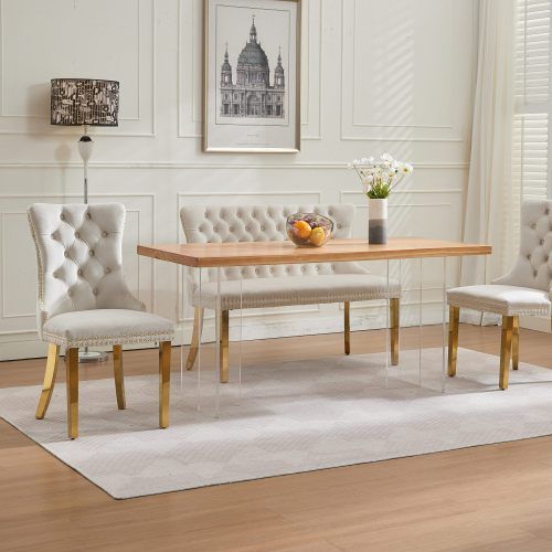 Banquette 2 Places En Velours Capitonné, Pieds Acier Inoxydable Doré, Beige