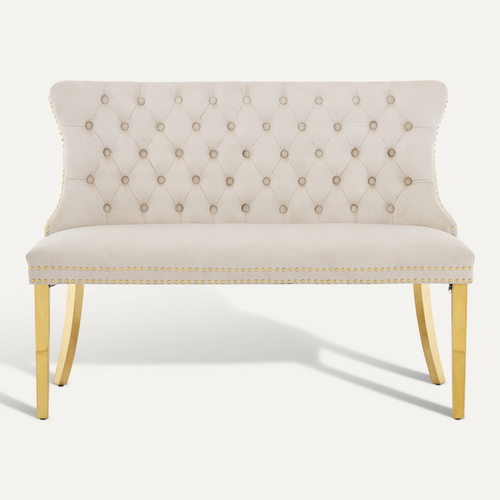 Banquette 2 Places En Velours Capitonné, Pieds Acier Inoxydable Doré, Beige