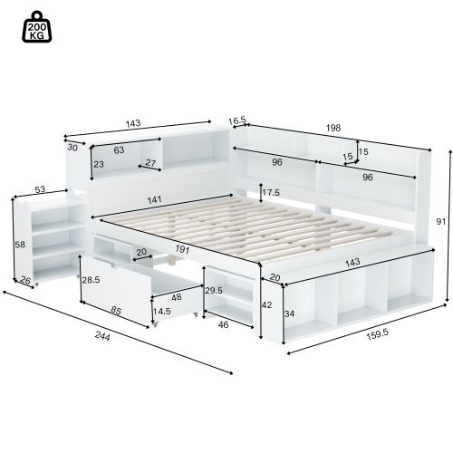 Lit Enfant 140x190 Cm Avec Tiroirs Et Rangements, Avec Sommier à Lattes, Blanc