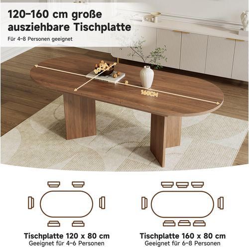 Table à Manger Extensible 120-160x80 Cm En Mdf Finition Noyer Avec Angles Arrondis