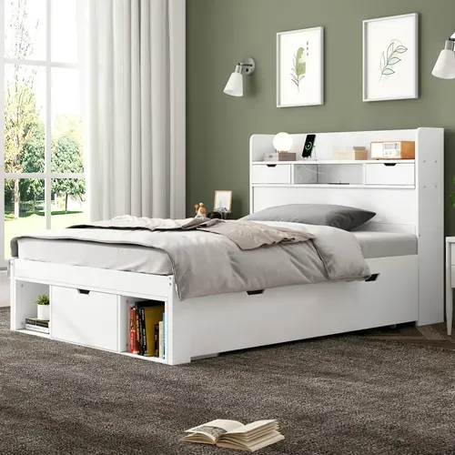 Lit Enfant 90x190 Cm, Lit Avec Rangement Et Ports USB Et Type-c, Avec Sommier à Lattes, Blanc