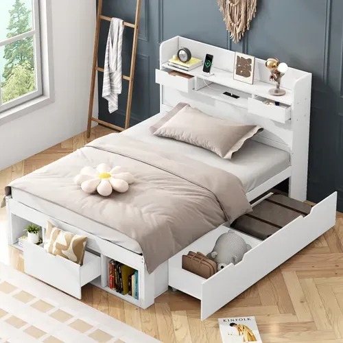 Lit Enfant 90x190 Cm, Lit Avec Rangement Et Ports USB Et Type-c, Avec Sommier à Lattes, Blanc