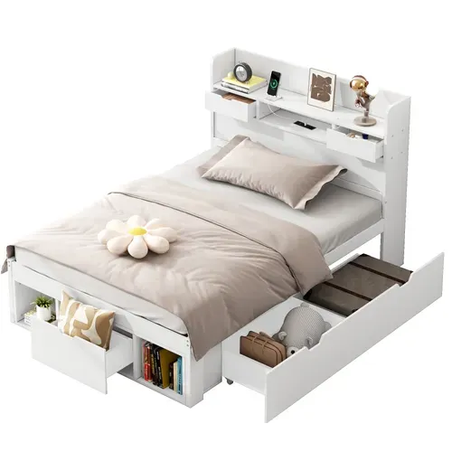 Lit Enfant 90x190 Cm, Lit Avec Rangement Et Ports USB Et Type-c, Avec Sommier à Lattes, Blanc